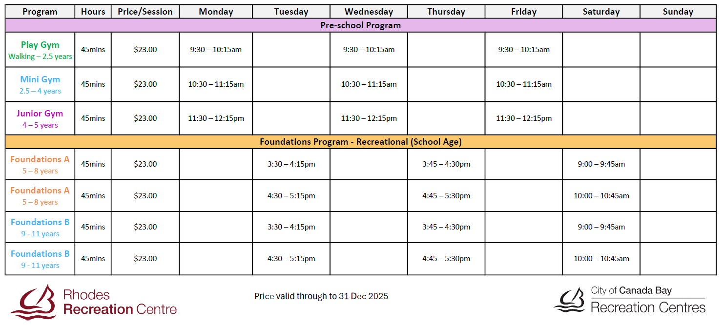 Rhodes Recreation Centre Gymnastics Drop-In Timetable