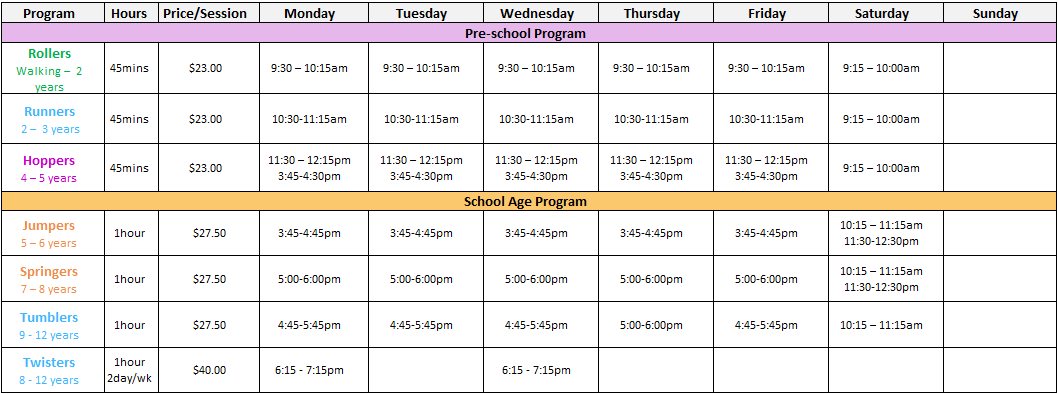 Recreational gymnastics timetable