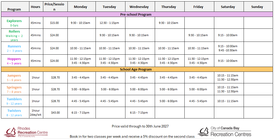 Gymnastics timetable