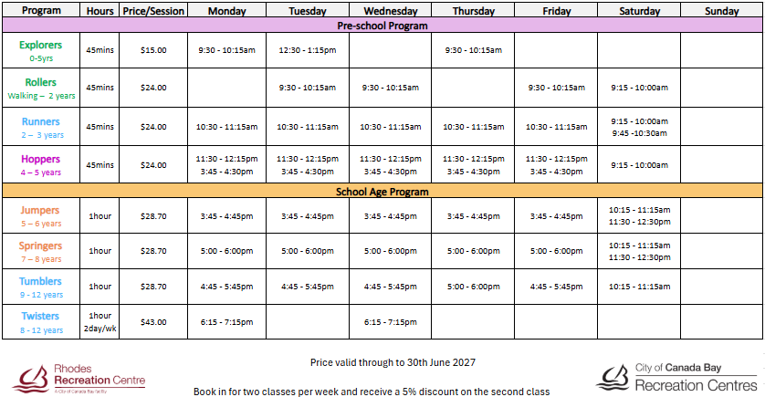 Gymnastics timetable