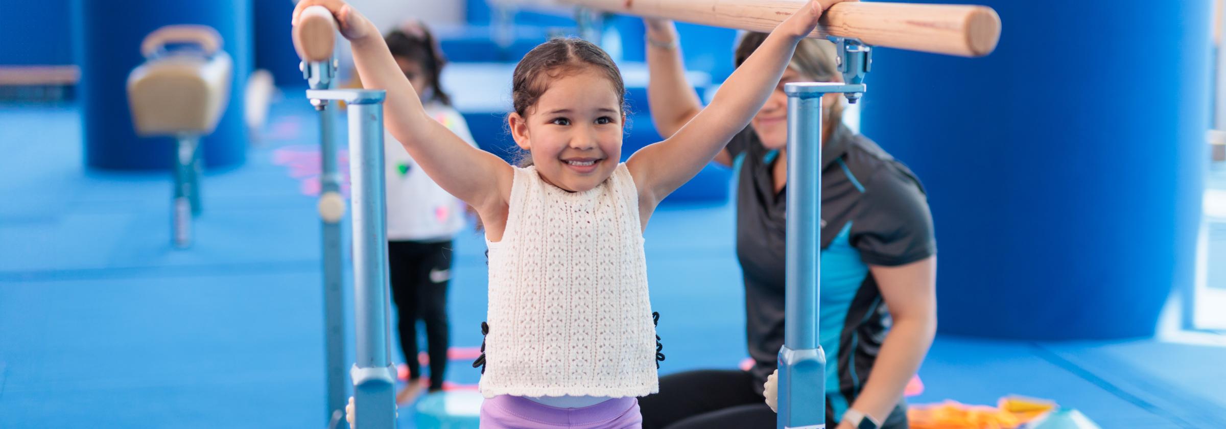 Girl walking along balancing steps gymnastics
