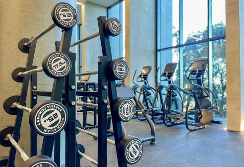 Image of free weights with gym in the background